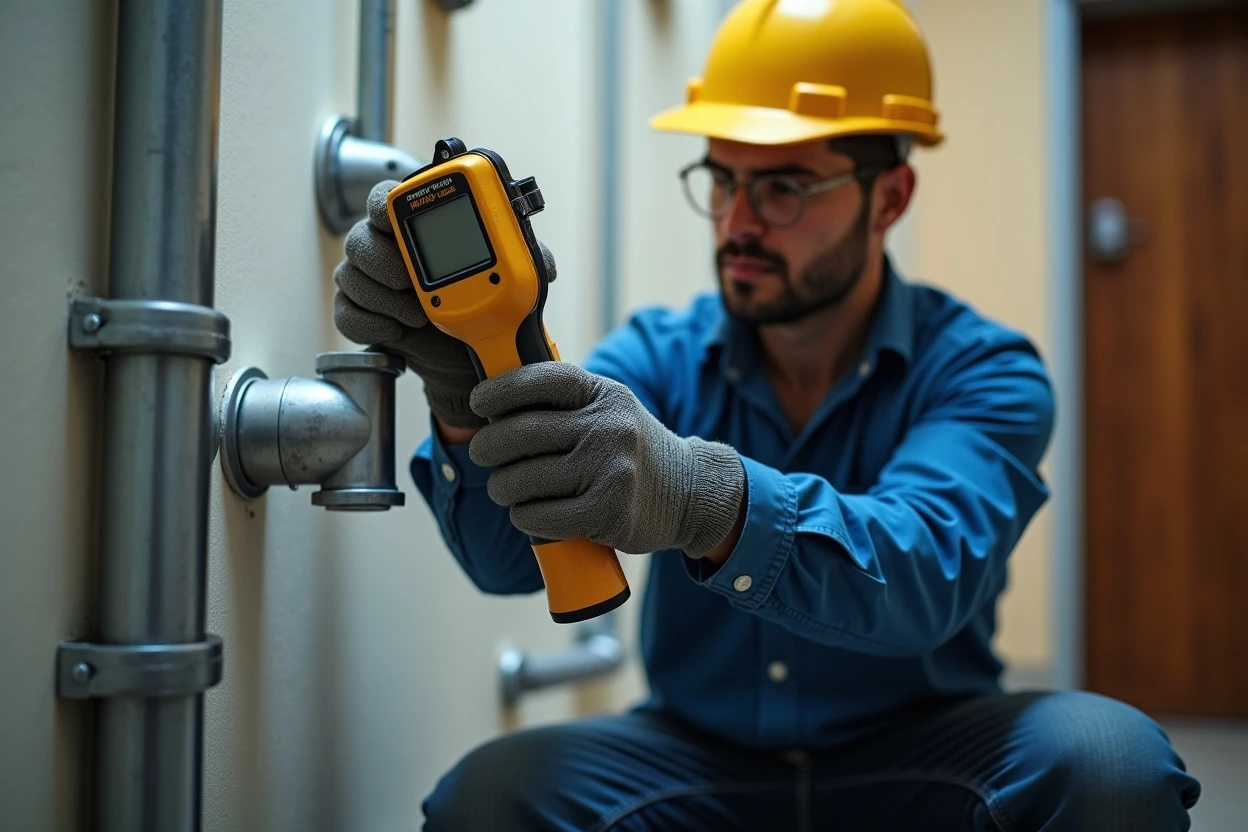 Técnico inspeccionando tubería con detector de humedad